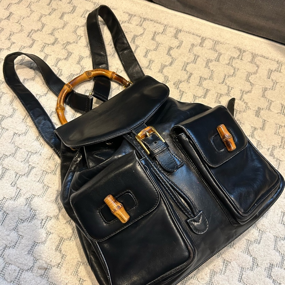 Gucci Black Leather Bamboo-Trim Backpack - Picture 4 of 9